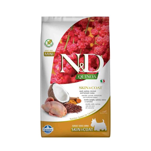 N&D Quinoa Skin&Coat Tahılsız Bıldırcınlı ve Hindistan Cevizli Küçük Irk Yetişkin Köpek Maması 2,5 Kg - 1