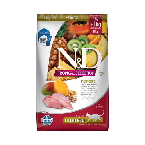 N&D Tropical Selection Düşük Tahıllı Tavuklu ve Tropikal Meyveli Kısırlaştırılmış Kedi Maması 4+1kg Hediyeli! - 1