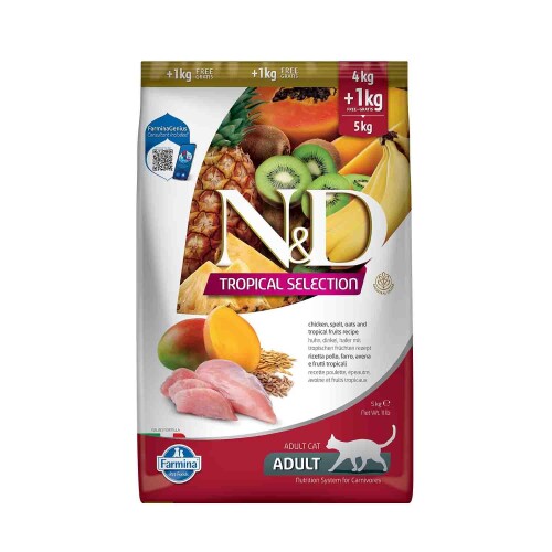 N&D Tropical Selection Düşük Tahıllı Tavuklu ve Tropikal Meyveli Yetişkin Kedi Maması 4+1kg Hediyeli! - 1