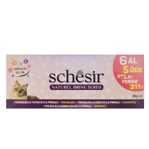 Schesir Naturel Brine Serisi Balıklı Ve Tavuklu Yetişkin Kedi Konserve Maması 85 Gr 6 Al 5 Öde - 1