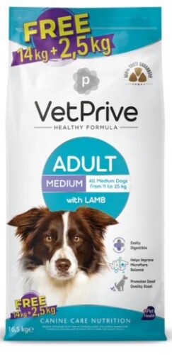 Vet Prive Orta ve İri Irk Yetişkin Köpek Maması Kuzu Etli Bonus Paket 14+2,5 KG - 1